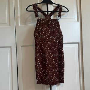 Allegra K Floral Brown Corduroy Pinafore Mini Dress